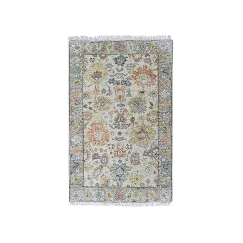 Beige, Hand Knotted, Oushak with All Over Design, Dense Weave, Thick and Plush, Pure Wool, Mat, Sample, Oriental 