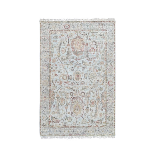 Light Gray, Zero Pile, Distressed, Ziegler Mahal Design, Pure Wool, Hand Knotted, Oriental 