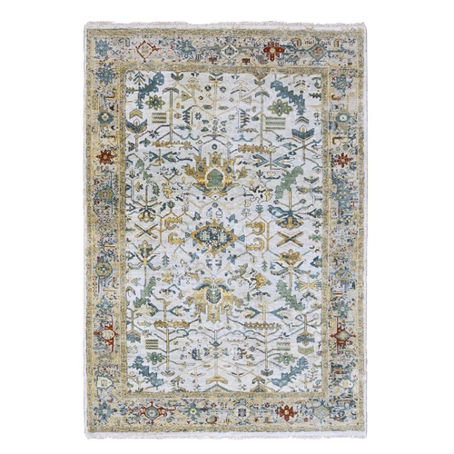 Misty Gray, Broken and Erased Persian Heriz Design, Denser Weave, Hand Knotted, Pure Wool, Oriental Rug