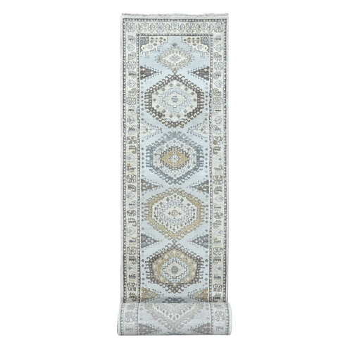 White Gray, Organic Wool, Hand Knotted, Persian Village Inspired, Geometric Elements Design, Natural Dyes, Denser Weave, XL Runner, Oriental Rug