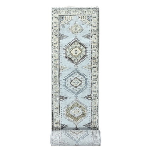 Medium Gray, Persian Village Inspired Geometric Elements Design, Natural Dyes, Denser Weave, Organic Wool, Hand Knotted, XL Runner, Oriental Rug