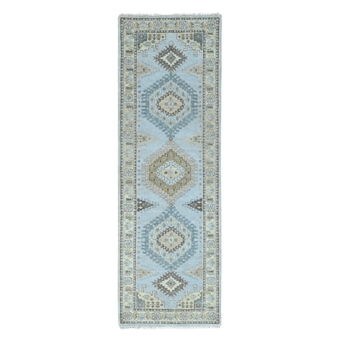Cloud Gray, Persian Village Inspired Geometric Elements Design, Hand Knotted, Pure Wool, Natural Dyes, Denser Weave, Runner, Oriental 