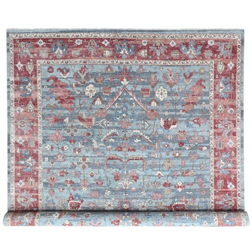 Stone Blue, Antiqued Persian Heriz All Over Design, Vegetable Dyes, Zero Pile, Distressed, Sheared Low, Hand Knotted, 100% Wool, Oriental 