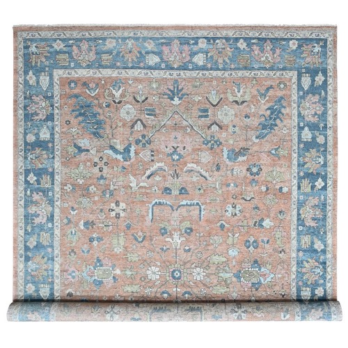 Peach Color, Antiqued Persian Heriz All Over Design, Vegetable Dyes, Distressed, Shaved Low, Zero Pile, Hand Knotted, 100% Wool, Oriental 