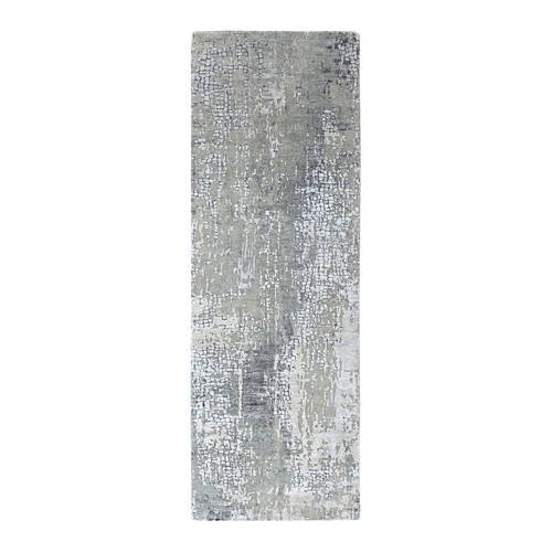 Silver Gray, Modern Abstract with Mosaic Design, Hand Knotted, Wool and Silk, Persian Knot, Densely Woven, Runner, Oriental 