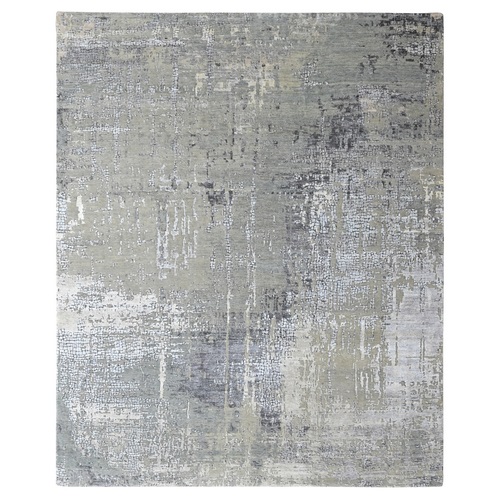 Silver Gray, Modern Abstract with Mosaic Design, Wool and Silk, Hand Knotted, Persian Knot, Densely Woven, Oriental 
