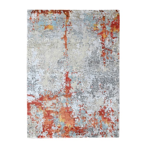 Burnt Orange with Gray, Abstract with Fire Mosaic Design, Hand Knotted, Wool and Silk, Oriental 