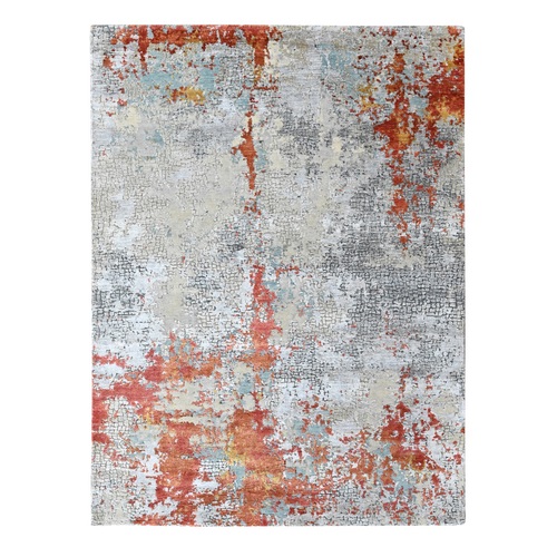 Burnt Orange with Gray, Abstract with Fire Mosaic Design, Hand Knotted, Wool and Silk, Oriental 