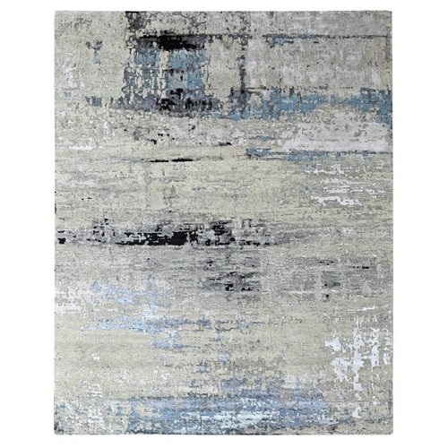Beige & Blue, Abstract Design, Hand Knotted, Hi-Low Pile, Wool & Silk, Denser Weave, Oriental Rug