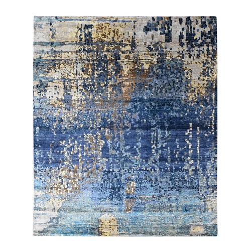 Shades of Blue with Gold, Modern Mosaic Design, Persian Knot, Denser Weave, Hand Knotted, Wool and Silk, Oriental 