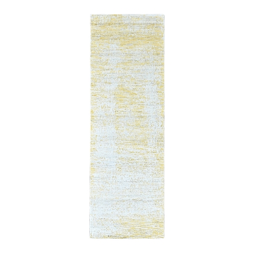 Macaroon Yellow, Hand Loomed, Wool and Plant Based Silk, Textured Pile, Modern Design, Narrow Runner, Oriental 