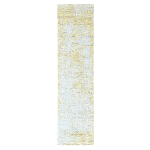 Macaroon Yellow, Wool and Plant Based Silk, Hand Loomed, Textured Pile, Modern Design, Narrow Runner, Oriental 