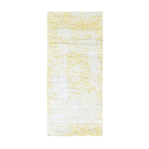 Macaroon Yellow, Hand Loomed, Wool and Plant Based Silk, Textured Pile, Modern Design, Narrow Runner, Oriental 