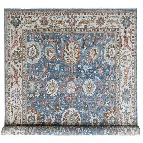 Aegean Blue, Zero Pile, Distressed, Sultanabad with All Over Design, Shaved Low, Vegetable Dyes, Hand Knotted, 100% Wool, Oriental 