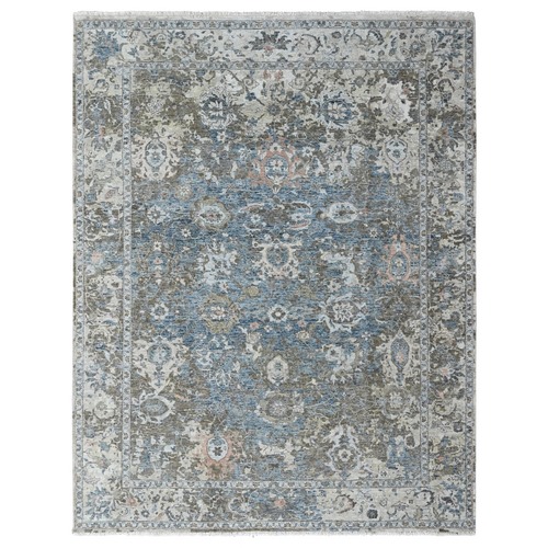 Aegean Blue, Broken and Erased Persian Design, Zero Pile, Distressed, Sheared Low, Vegetable Dyes, Hand Knotted, 100% Wool, Oriental 
