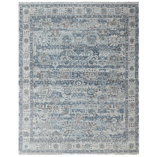Pewter Gray, Zero Pile, Broken and Erased Persian Design, Distressed, Sheared Low, Vegetable Dyes, Hand Knotted, 100% Wool, Oriental 