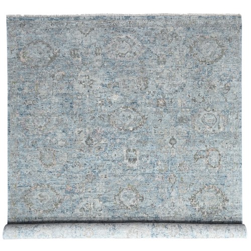 Cloud Gray, Broken and Erased Persian Design, Hand Knotted, Zero Pile, Distressed, Sheared Low, Vegetable Dyes, 100% Wool, Oriental 