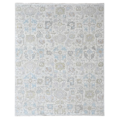 Chiffon White, Borderless Persian Influence Design, Zero Pile, Distressed, Sheared Low, Hand Knotted, 100% Wool, Oriental 