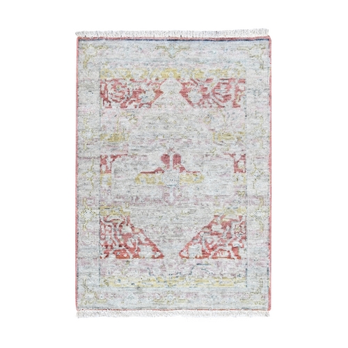 Irish Cream White with Red, Ziegler Mahal with Medallion Design, Zero Pile, Distressed, Distinct Abrash, Hand Knotted, Pure Wool, Mat, Sample, Oriental 