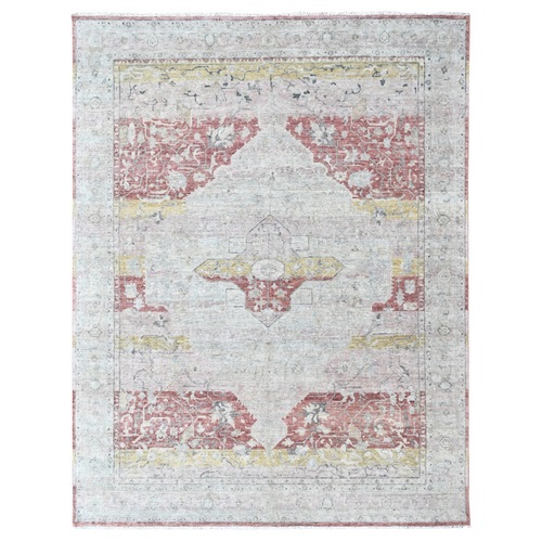 Irish Cream White with Red, Ziegler Mahal with Medallion Design, Zero Pile, Distressed, Distinct Abrash, Hand Knotted, Pure Wool, Oriental 