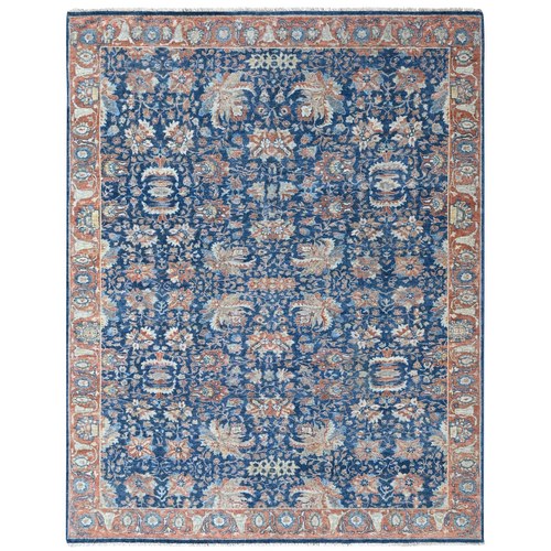 Imperial Blue, Antiqued Persian Sultanabad Design, Zero Pile, Sheared Low, Vegetable Dyes, Hand Knotted, 100% Wool, Oriental 