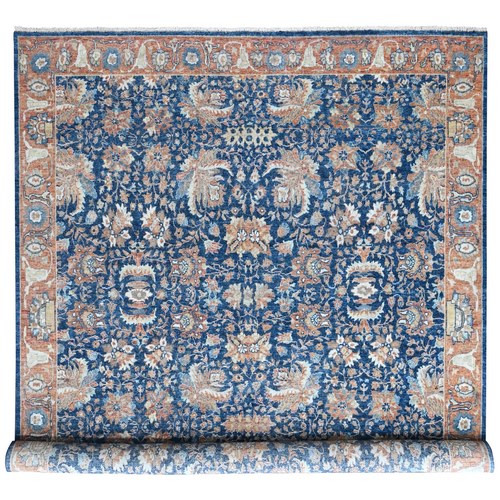 Imperial Blue, Hand Knotted, Antiqued Persian Sultanabad Design, Vegetable Dyes, Zero Pile, Sheared Low, 100% Wool, Oriental 