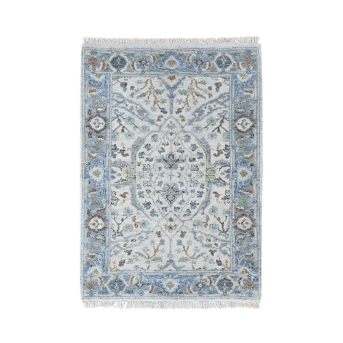 Oyster Gray, Hand Knotted, Oushak with Floral Motifs, Pure Wool, Soft Pile, Denser Weave, Sample, Mat, Oriental Rug
