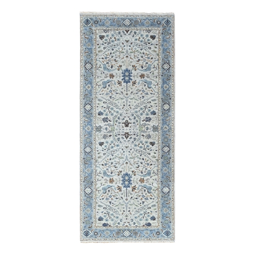 Oyster Gray, Oushak with Floral Motifs, Hand Knotted, Pure Wool, Soft Pile, Denser Weave, Wide Runner, Oriental Rug