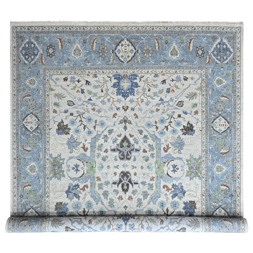 Oyster Gray, Oushak with Floral Motifs, Hand Knotted, Pure Wool, Soft Pile, Denser Weave, Square, Oriental Rug