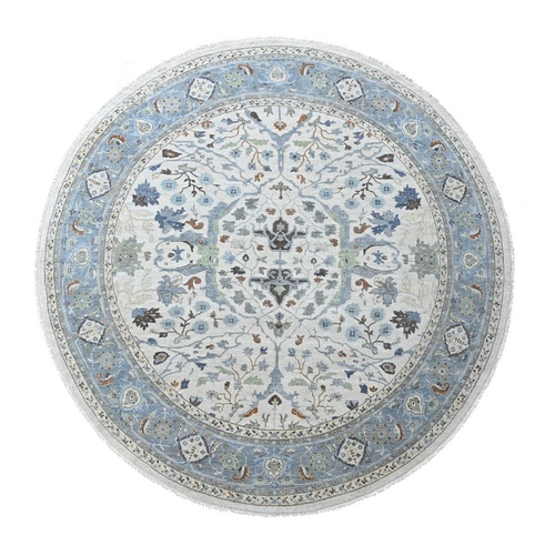 Oyster Gray, Oushak with Floral Motifs, Hand Knotted, Pure Wool, Soft Pile, Denser Weave, Round, Oriental Rug