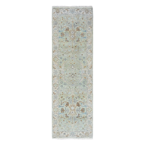 Pistachio Green, Oushak with Floral Motifs, Hand Knotted, Pure Wool, Soft Pile, Denser Weave, Narrow Runner, Oriental 
