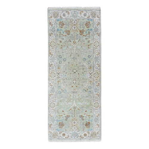 Pistachio Green, Oushak with Floral Motifs, Pure Wool, Soft Pile, Hand Knotted, Denser Weave, Runner, Oriental 