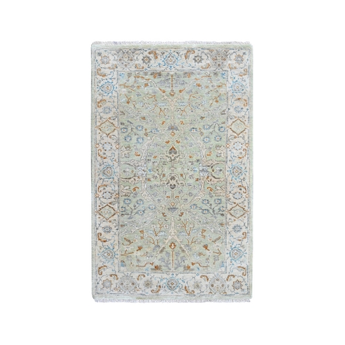 Pistachio Green, Oushak with Floral Motifs, Hand Knotted, Pure Wool, Soft Pile, Denser Weave, Oriental 