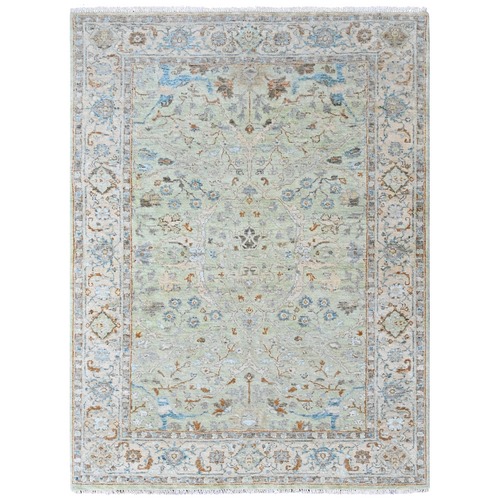 Pistachio Green, Hand Knotted, Oushak with Floral Motifs, Pure Wool, Soft Pile, Denser Weave, Oriental 