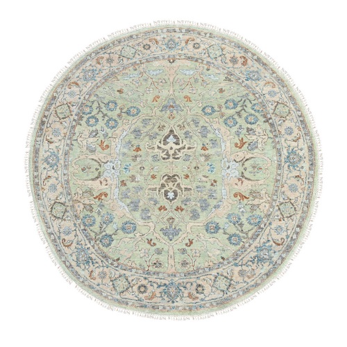 Pistachio Green, Oushak with Floral Motifs, Hand Knotted, Soft Pile, Pure Wool, Denser Weave, Round, Oriental 