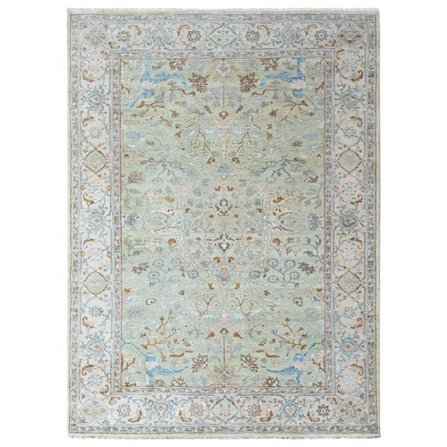 Pistachio Green, Oushak with Floral Motifs, Hand Knotted, Pure Wool, Soft Pile, Denser Weave, Oriental 