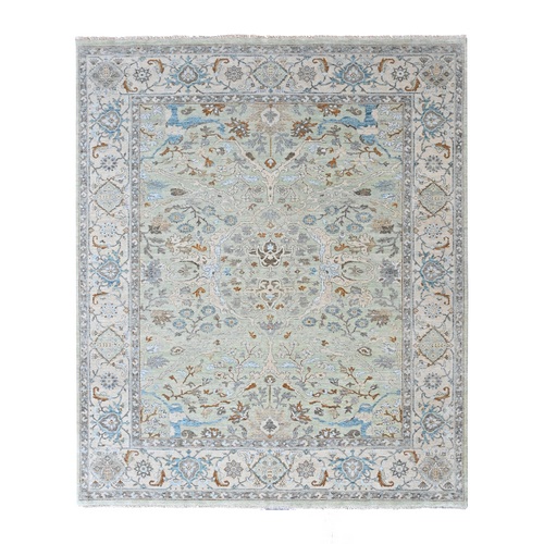 Pistachio Green, Oushak with Floral Motifs, Hand Knotted, Soft Pile, Pure Wool, Denser Weave, Oriental 