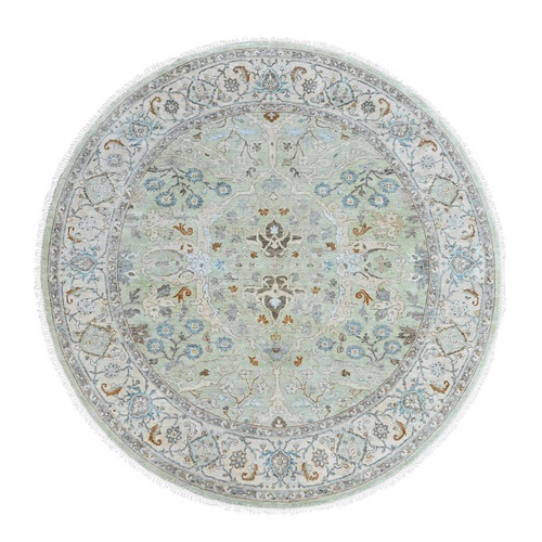 Pistachio Green, Oushak with Floral Motifs, Hand Knotted, Pure Wool, Soft Pile, Denser Weave, Round, Oriental 