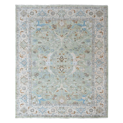 Pistachio Green, Hand Knotted, Oushak with Floral Motifs, Pure Wool, Soft Pile, Denser Weave, Oriental 