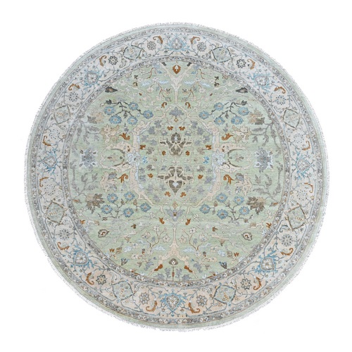 Pistachio Green, Oushak with Floral Motifs, Hand Knotted, Pure Wool, Soft Pile, Denser Weave, Round, Oriental 