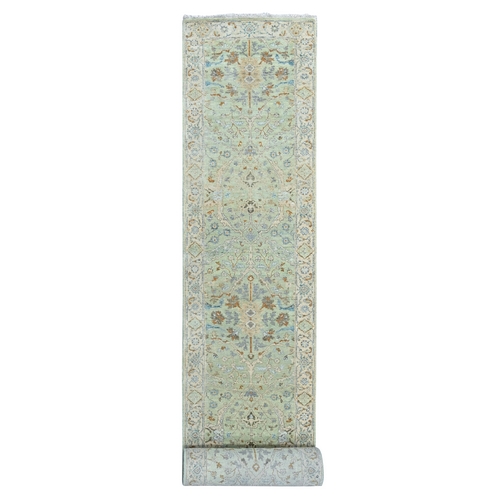 Pistachio Green, Oushak with Floral Motifs, Hand Knotted, Pure Wool, Soft Pile, Denser Weave, XL Runner, Oriental 
