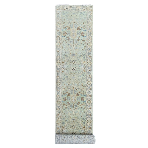 Pistachio Green, Oushak with Floral Motifs, Hand Knotted, Soft Pile, Pure Wool, Denser Weave, XL Runner, Oriental 