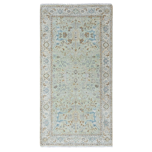 Pistachio Green, Oushak with Floral Motifs, Hand Knotted, Pure Wool, Soft Pile, Denser Weave, Wide Runner, Oriental 