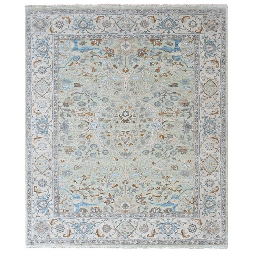 Pistachio Green, Oushak with Floral Motifs, Pure Wool, Hand Knotted, Soft Pile, Denser Weave, Oriental 
