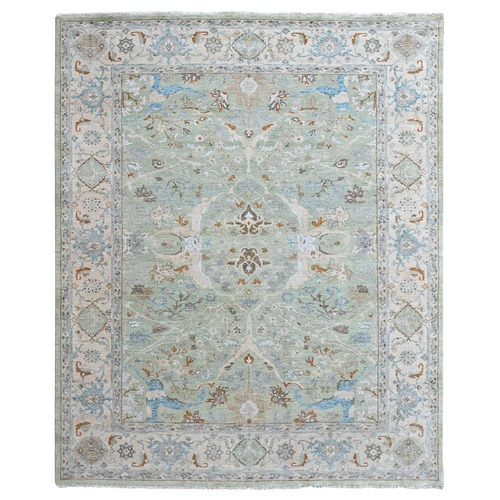 Pistachio Green, Oushak with Floral Motifs, Hand Knotted, Pure Wool, Soft Pile, Denser Weave, Oriental 