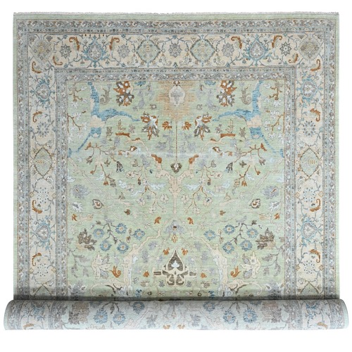 Pistachio Green, Oushak with Floral Motifs, Hand Knotted, Pure Wool, Soft Pile, Denser Weave, Oriental 