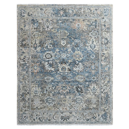 Aegean Blue, Broken and Erased Persian Design, Zero Pile, Distressed, Sheared Low, Vegetable Dyes, Hand Knotted, 100% Wool, Oriental 