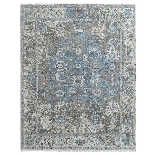 Aegean Blue, Broken and Erased Persian Design, Hand Knotted, Zero Pile, Distressed, Sheared Low, Vegetable Dyes, 100% Wool, Oriental 