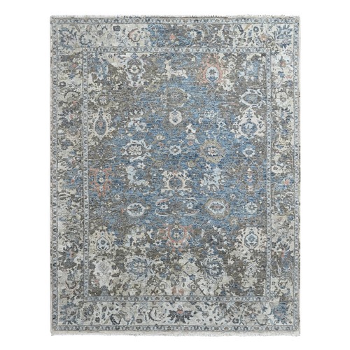 Aegean Blue, Broken and Erased Persian Design, Hand Knotted, 100% Wool, Zero Pile, Distressed, Sheared Low, Vegetable Dyes, Oriental 