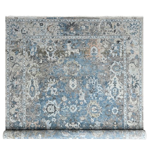 Aegean Blue, Broken and Erased Persian Design, Zero Pile, Distressed, Sheared Low, Hand Knotted, 100% Wool, Vegetable Dyes, Oriental 